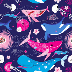 Obraz premium Vibrant vector pattern of different whales