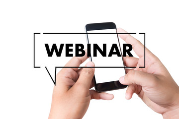 WEBINAR hand on table use E-business Browsing Connection in computer, coffee, Split tone