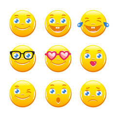 Fototapeta premium Set of cute cartoon emoticons. Emoji icons vector pack. Yellow smiley faces