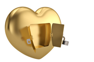 Creative concept chain with open gold heart on white background.3D illustration.