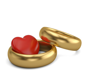 Red heart and gold ring on white background.3D illustration.