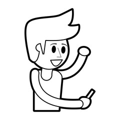 Flat line uncolored man with smartphone over white background vector illustration