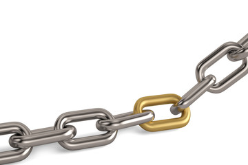 One golden link in a chrome chain on white background.3D illustration.