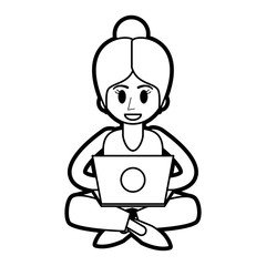 Flat line uncolored woman with laptop over white background vector illustration