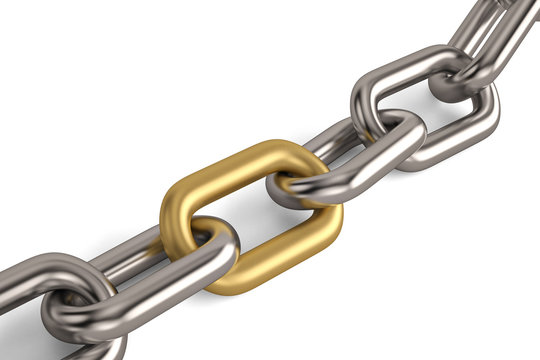 One golden link in a chrome chain on white background.3D illustration.