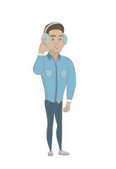 Fototapeta premium Hispanic customer service operator in headset with microphone. Young customer service operator using headset with microphone. Vector sketch cartoon illustration isolated on white background.