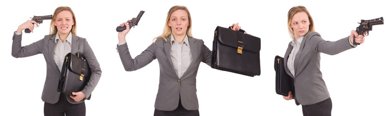 Businesswoman with gun isolated on white