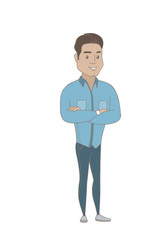 Hispanic confident smiling businessman standing with folded arms. Full length of young confident businessman with folded arms. Vector sketch cartoon illustration isolated on white background.