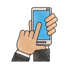 Colorful hand with smartphone doodle over white background vector illustration