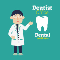 Portrait of young happy smiling male dentist with a tooth model. Medicine and health care vector concept design. Medical personnel and profession concept illustration
