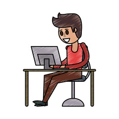 Colorful man at desk with computer doodle over white background vector illustration