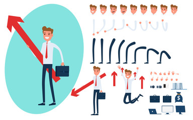 Businessman character creation set for animation. Parts of body template.Businessman Holding growing graph to success concept.