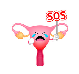 Unhealthy uterus cartoon with poster SOS.  Calls for help of doctor internal or other medical specialist.  Concept of disease and cervical cancer. Illustration isolated on white background.