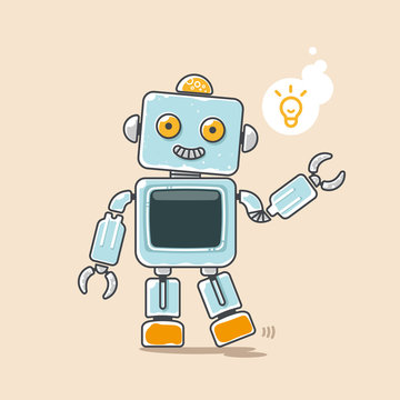 Cute robot waves his hand with yellow idea symbol. Vector illustration.
