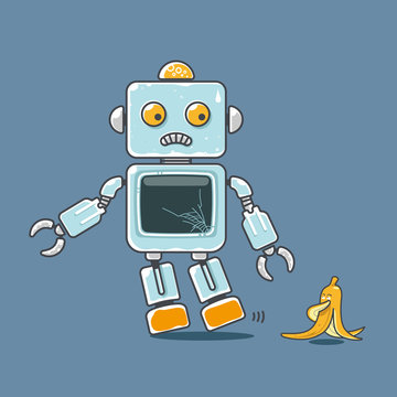 Cute robot and banana mascot isolated on blue background. Concept for accident prediction. Vector illustration.