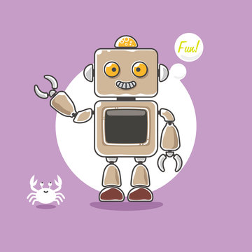 Cute robot and a little crab wave hand on purple background. Vector illustration.