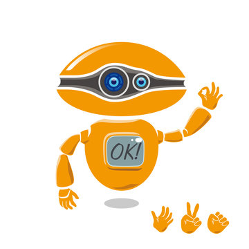 Vector orange robot is showing OK sign. Set of left hands gesture available.