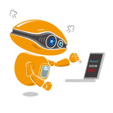 Orange robot get impatient at trouble of error message on the laptop screen. Vector illustration.