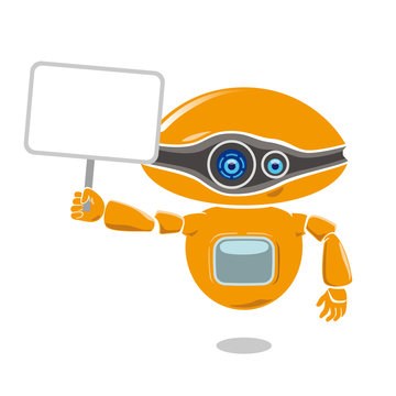 Orange robot holding a blank placard isolated on white background. Vector illustration.