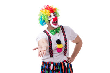 Funny clown acting silly isolated on white background