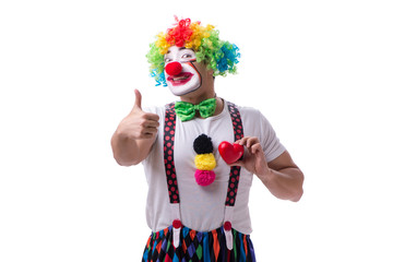 Funny clown with a heart isolated on white background 