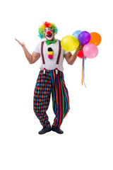Funny clown with balloons isolated on white background