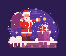 Smiling Santa with pocket of presents putting gift box in a chimney. Christmas scene with cartoon Santa Claus standing on roof under snowfall by christmas night. Concept vector illustration.