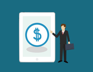 Business man with coin in smart phone .