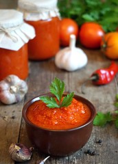 Adjika from tomato, bulgarian pepper, chilli and garlic