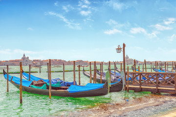 Embankment of the Grand Canal with Gondolas. Venice, Italy.