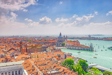 Fototapeta premium Panoramic view of Venice from the Campanile tower of St. Mark's Cathedral- St. Mark's Square (Piazza San Marco). Italy.
