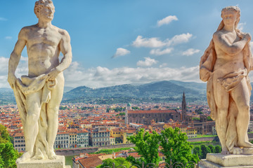 Beautiful landscape above, panorama on historical view of the Florence from Boboli Gardens (Giardino di Boboli ) point. Italy.