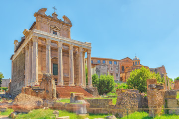 Fototapeta premium Archaeological and historical objects in Rome, united by the name - Roman Forum and Palatine Hill. Temple of the Divine Julia(Tempio del Divo Giulio).