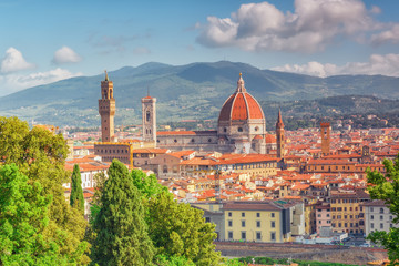 Fototapeta na wymiar Beautiful landscape above, panorama on historical view of the Florence from Boboli Gardens (Giardino di Boboli ) point. Italy.