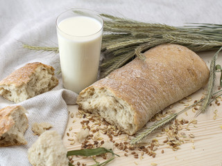 Homemade Italian bread on a wooden board. 