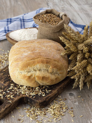 Homemade Italian bread on a wooden board. 