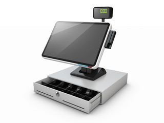 Open Cash register with credit card reader, isolated white, 3d Illustration