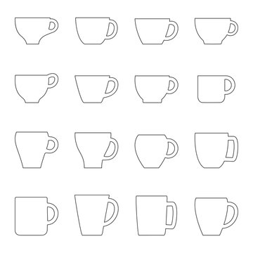 Set of contours of cups and mugs, vector illustration