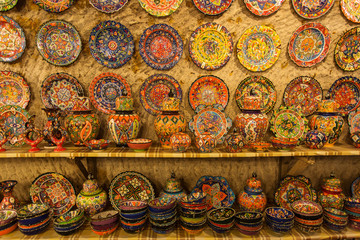 TURKEY -ISTANBUL : Collection of Traditional Turkish ceramics on sale at the Grand Bazaar in Istanbul, Turkey. Colorful ceramic souvenirs in the walled city of Istanbul (Turkey)