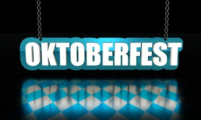 Octoberfest word hanging from a chain on dark background. 3D rendering