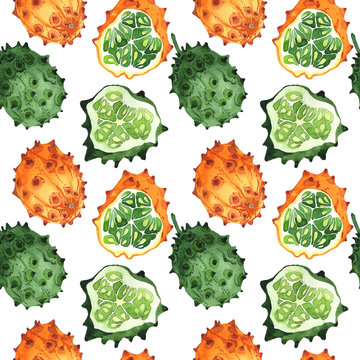 Exotic kivano healthy food pattern in a watercolor style. Full name of the fruit:kivano. Aquarelle wild frukt for background, texture, wrapper pattern or menu.