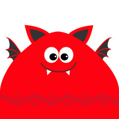 Funny monster head with fang tooth and wings. Cute cartoon character. Red color. Baby collection. Isolated. Happy Halloween card. Flat design.