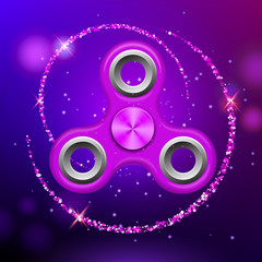 Purple colorful spinner on an abstract background with purple luminous backdrop. Abstract background with purple luminous backdrop. Modern children's toy - spinner.