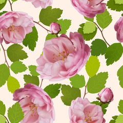 Beautiful seamless pattern with realistic roses on a beige background. Seamless pattern with 3d mesh roses. Vector illustration.