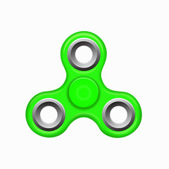Green colorful spinner on a white background. Hand fidget spinner green toy - stress and anxiety relief. Modern children's toy - spinner.