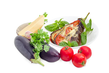 Baked stuffed eggplant and ingredients for its cooking