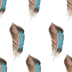 Seamless pattern of feathers in watercolor style