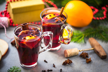 Mulled wine in Christmas and festive decoration