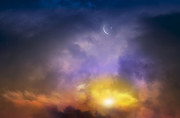 Obraz na płótnie Canvas Crescent moon with beautiful sunset background crescent moon with star for Eid celebration . Light in dark sky . . 