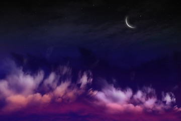 Fototapeta na wymiar Crescent and many clouds in night sky . Sunset and new moon . Prayer time . Dramatic nature background . Arab night 